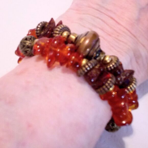 Amber Chip Bead and Brass Bead Wrap Bracelet - Picture 2 of 6